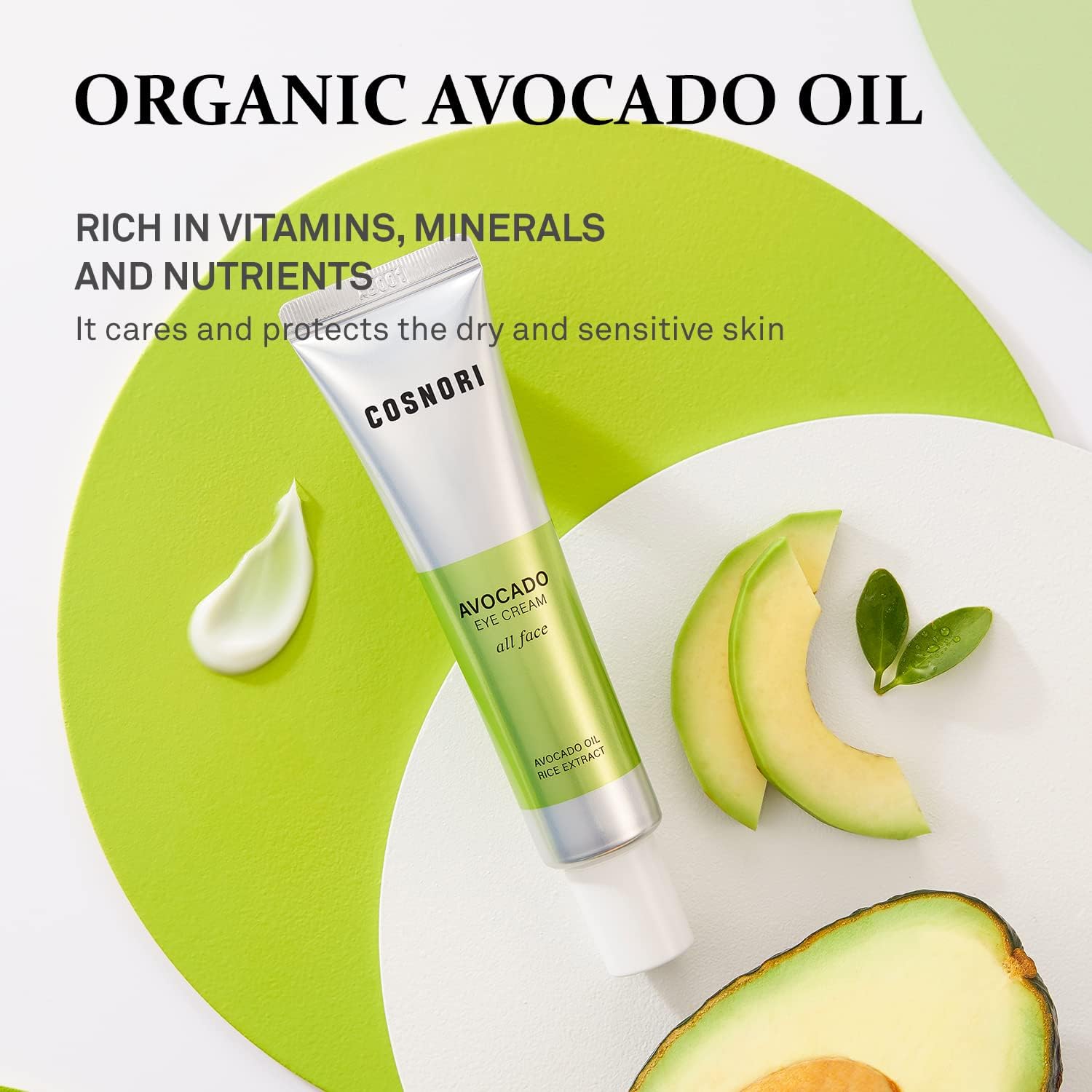 COSNORI Avocado Eye Cream ingredient focus on avocado oil and rice bran.