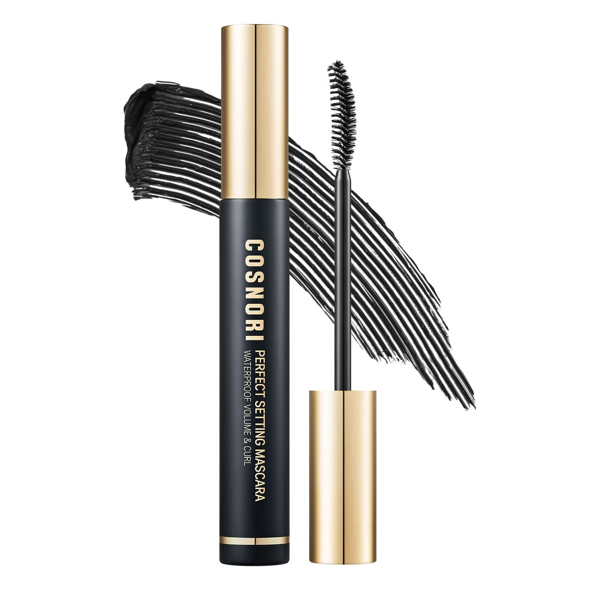 COSNORI Perfect Setting Mascara brush detail shows a slim C-Curl design for defined lashes.