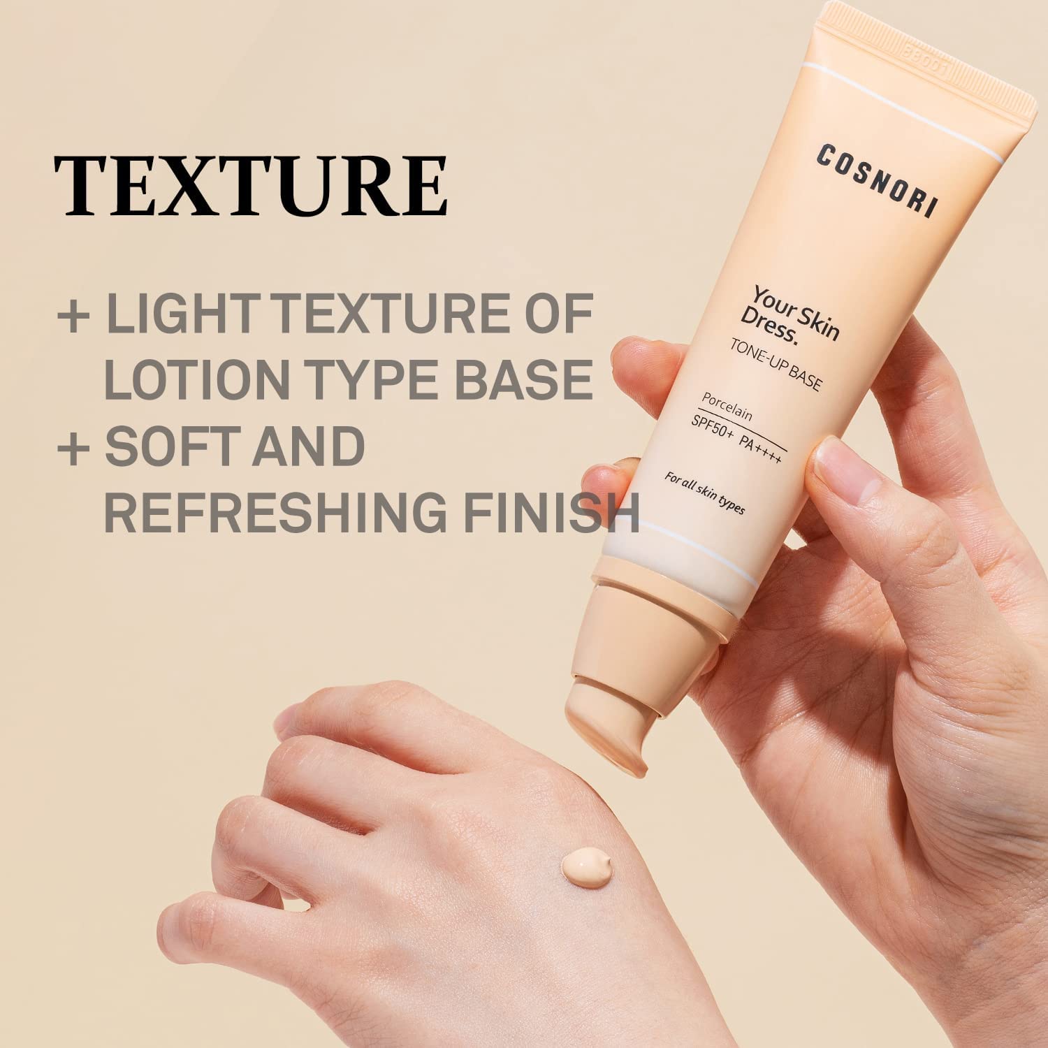 COSNORI Your Skin Dress Tone Up Base applied with fingertips for smooth coverage