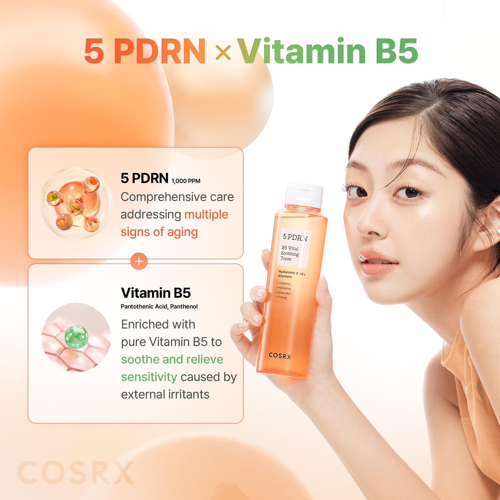 COSRX 5PDRN B5 Toner droplets on skin for gentle hydration.