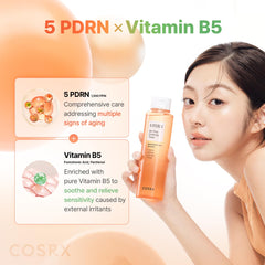 COSRX 5PDRN B5 Toner droplets on skin for gentle hydration.