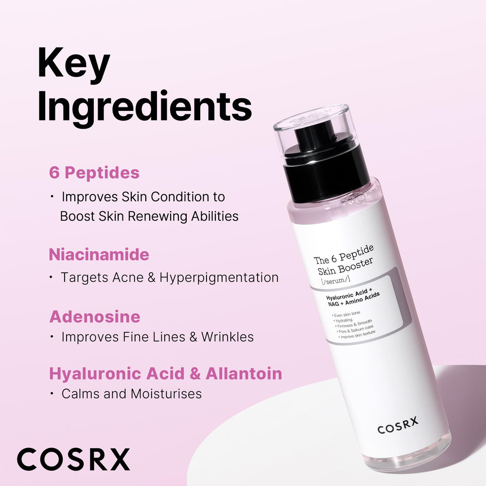 COSRX 6X booster serum label closeup highlighting peptides and niacinamide