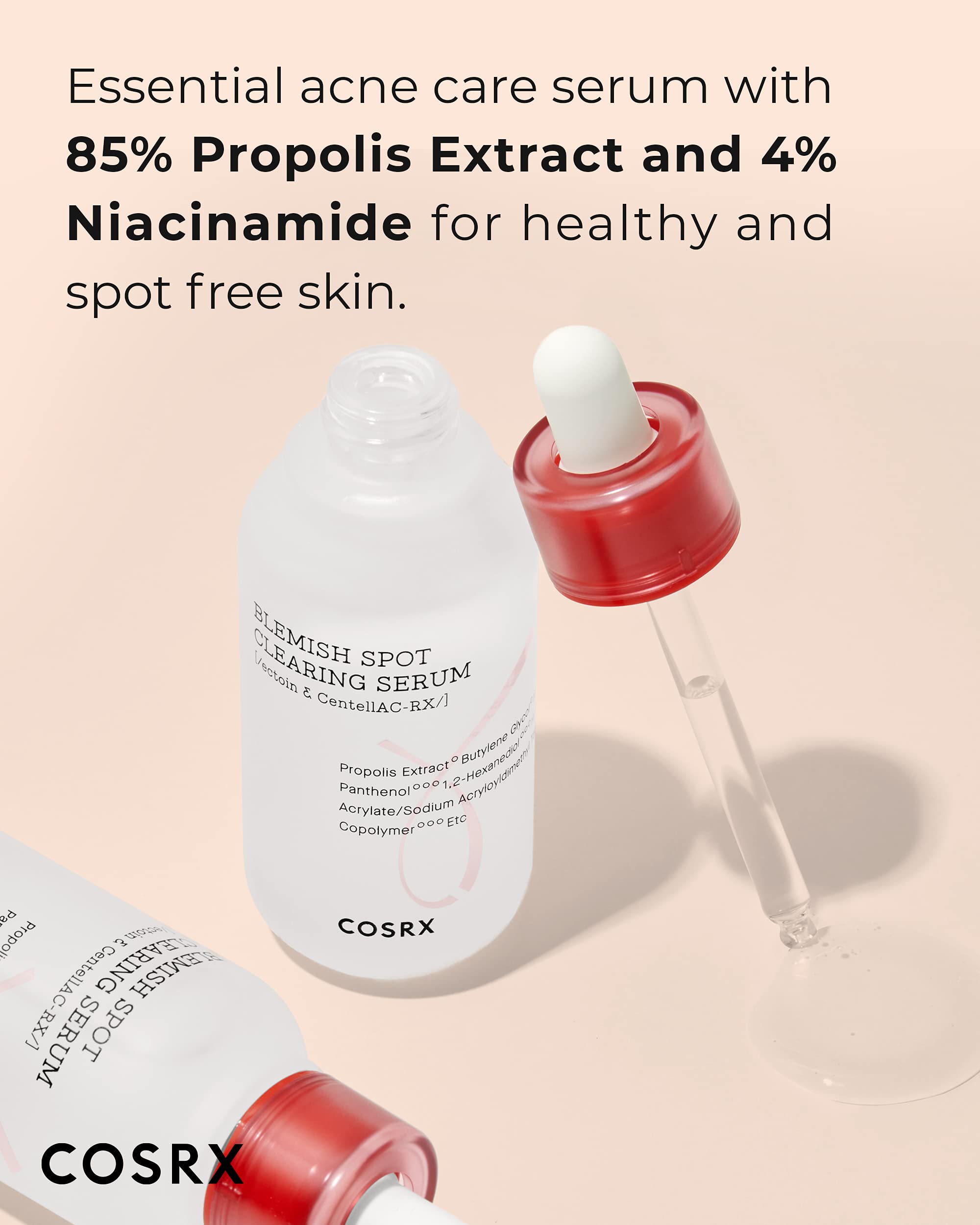 COSRX AC Collection serum application droplets demonstrating fast absorption.