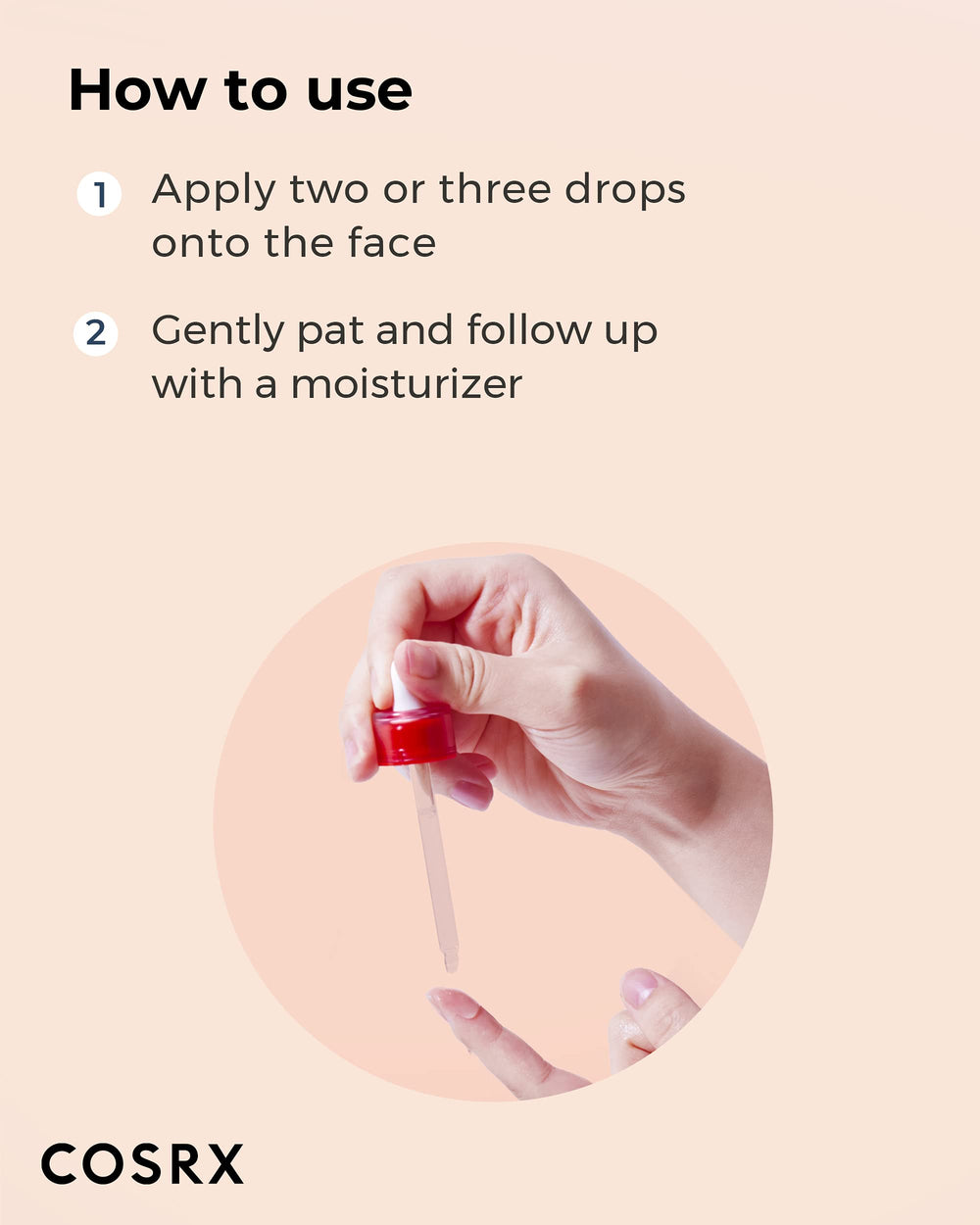 COSRX AC Collection serum drops on hand showing controlled, precise application.