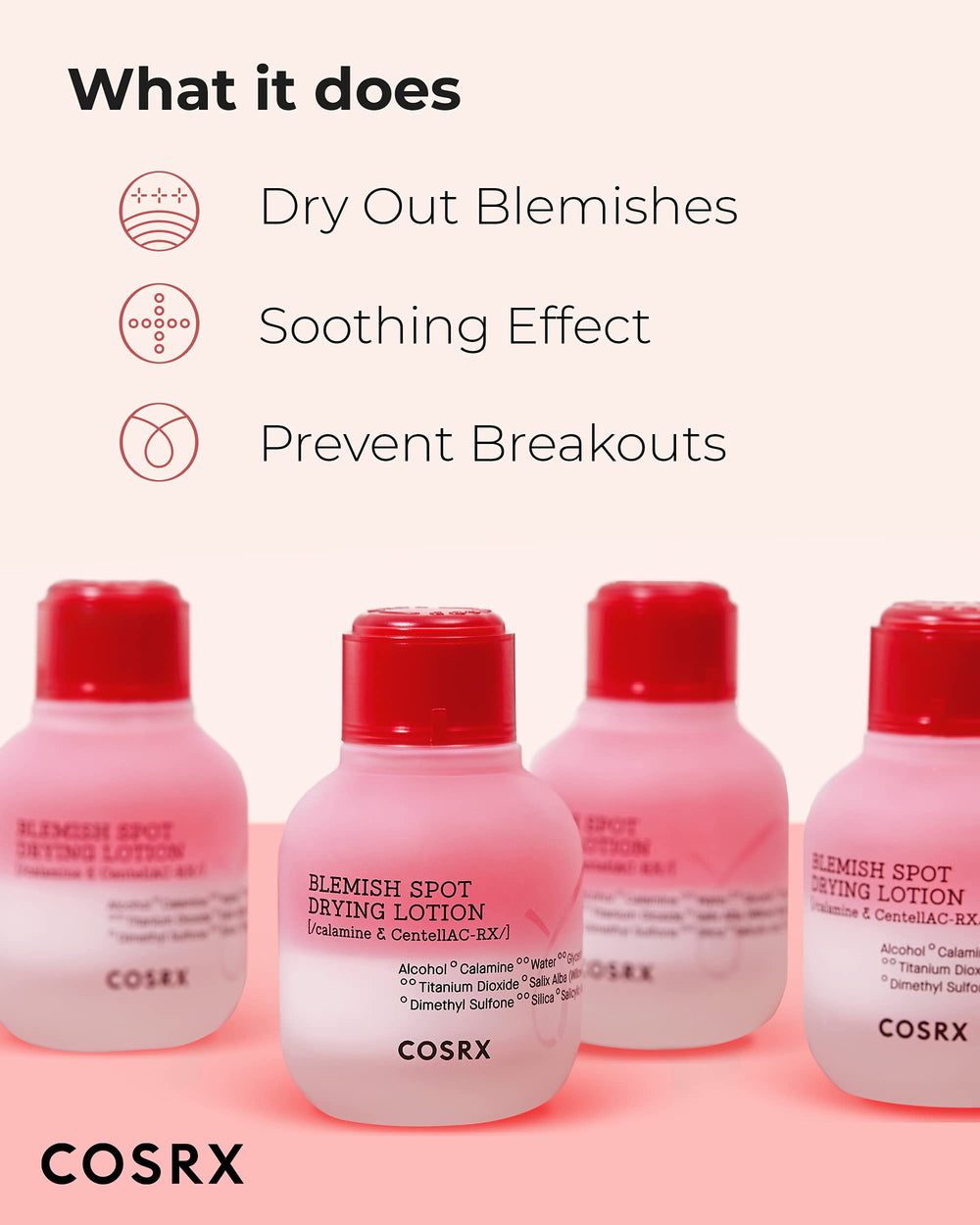 Label highlights Calamine and Zinc Oxide for calming, drying action on blemishes.