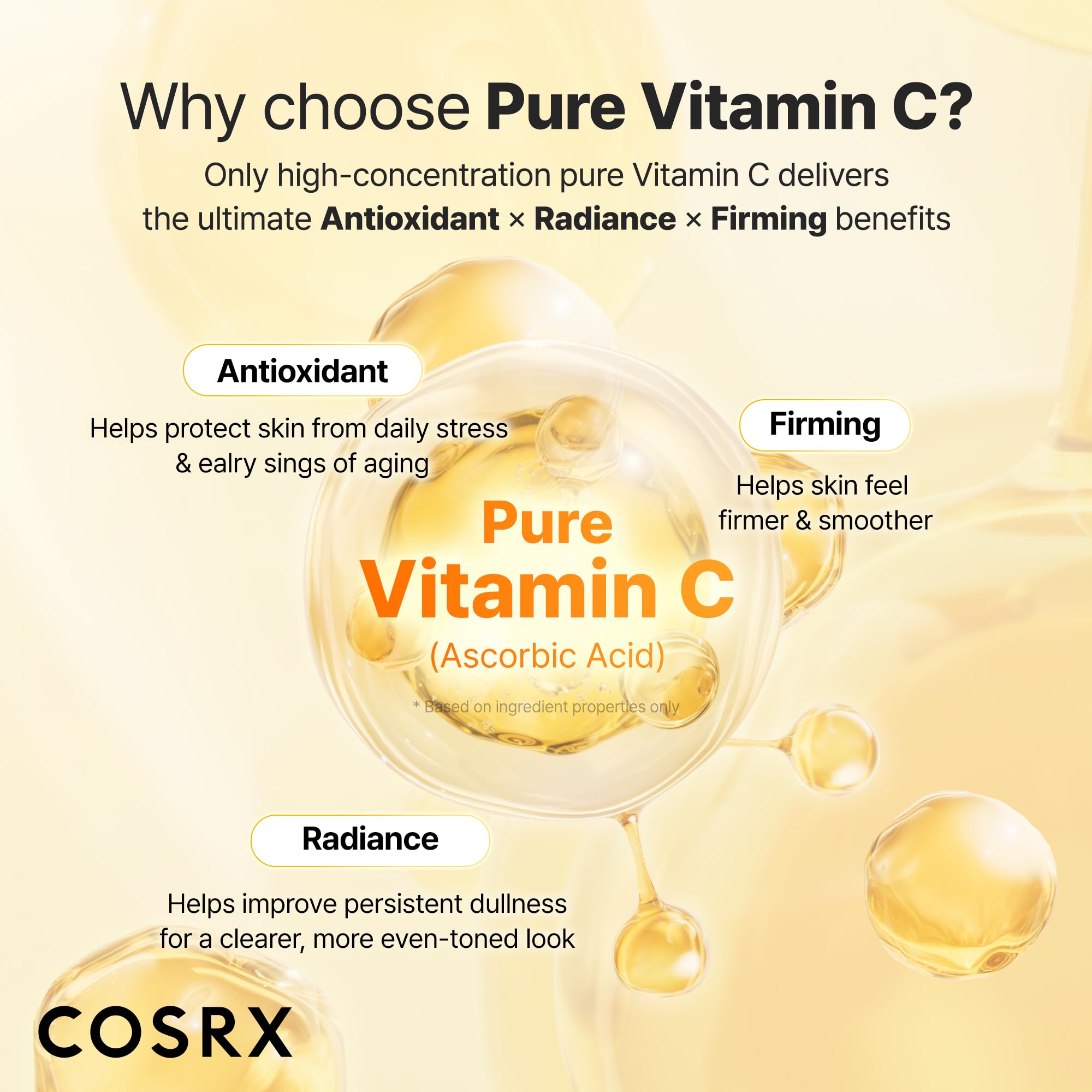 COSRX Advanced Pure Vitamin C 23% serum ingredients banner shows Vitamin C, E, Glutathione