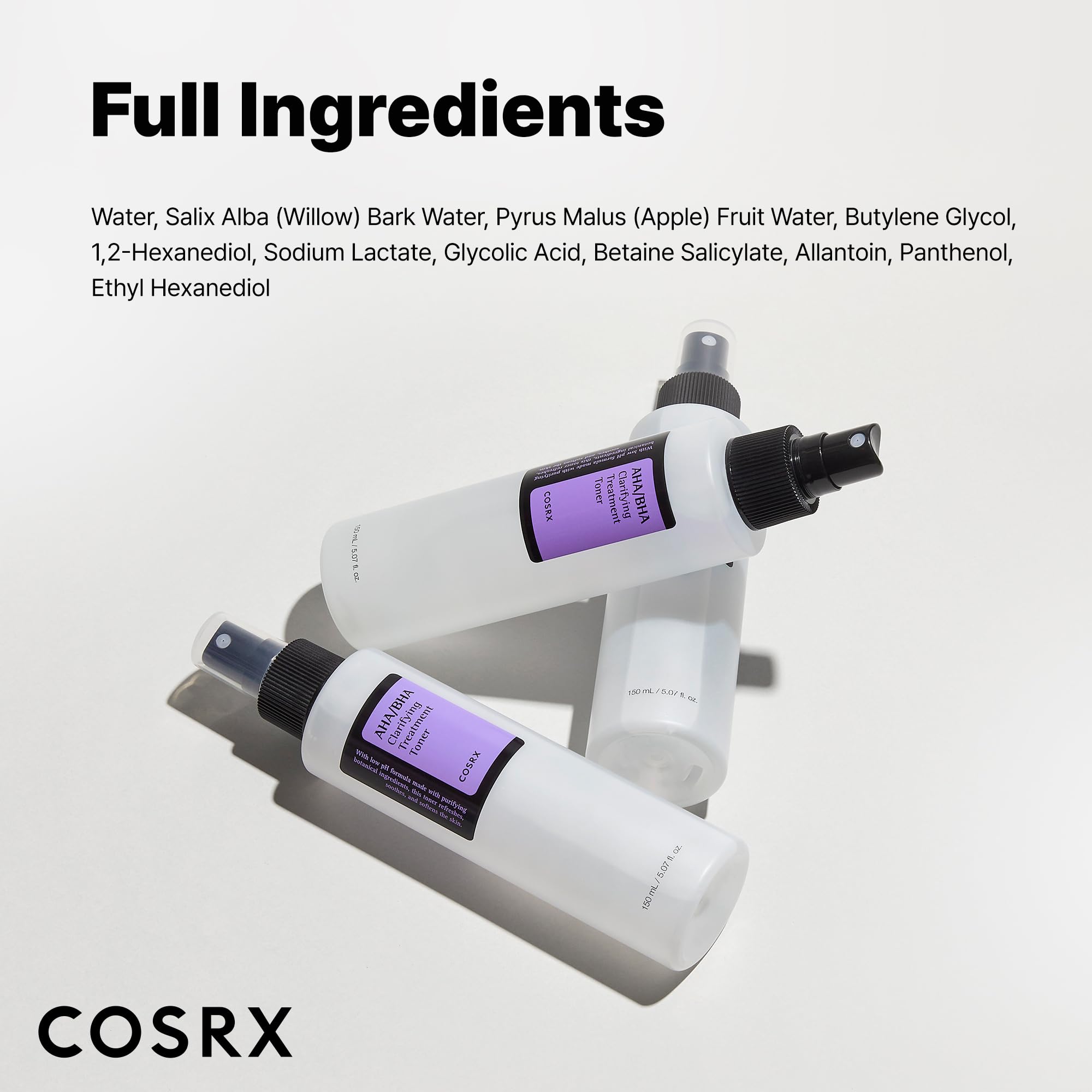 COSRX AHA/BHA Treatment Toner packaging and cruelty-free claim
