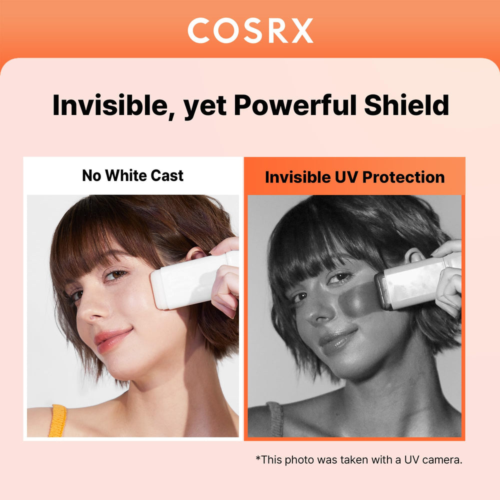 COSRX Airy-Light sunscreen on face shows matte finish and no white cast.