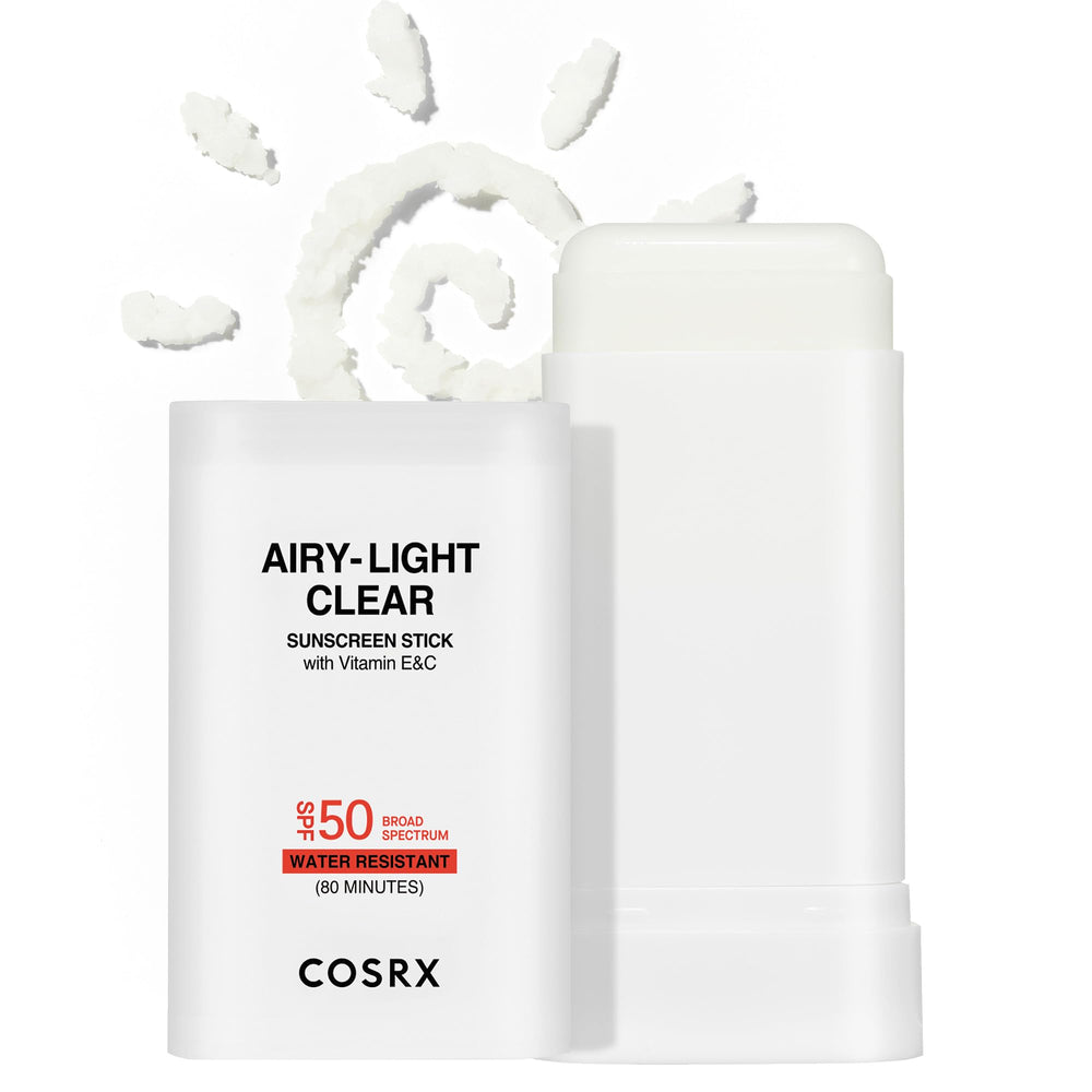 COSRX Airy-Light sunscreen stick packaging close-up, compact travel size for on-the-go sun protection.