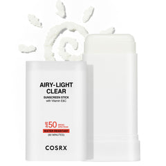 COSRX Airy-Light sunscreen stick packaging close-up, compact travel size for on-the-go sun protection.