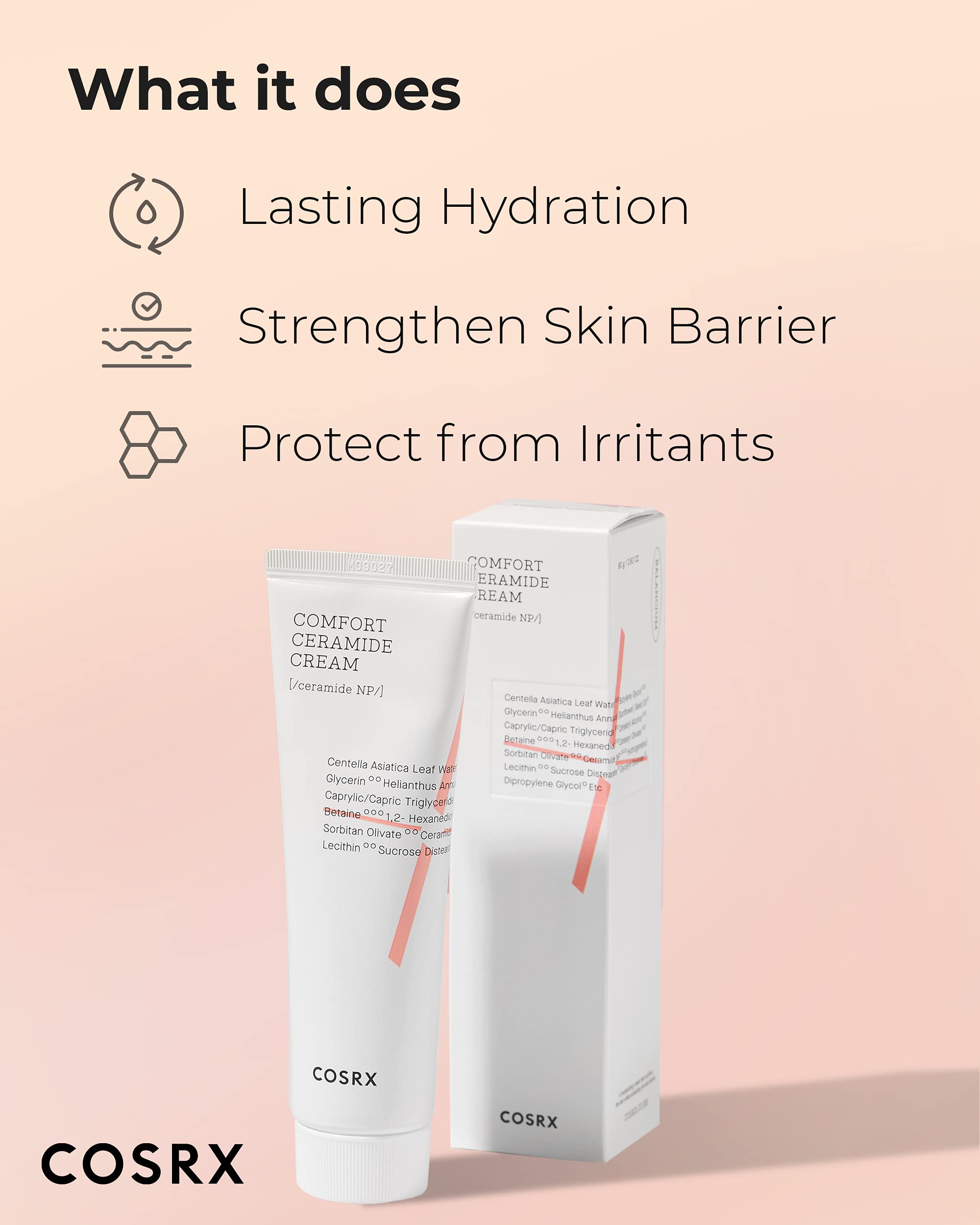 Person applying COSRX Balancium Comfort Ceramide Cream to dry skin for lasting moisture.