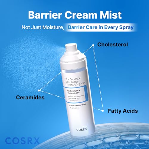 COSRX Barrier Cream Face Mist close-up highlights ceramide-rich formula for barrier support.