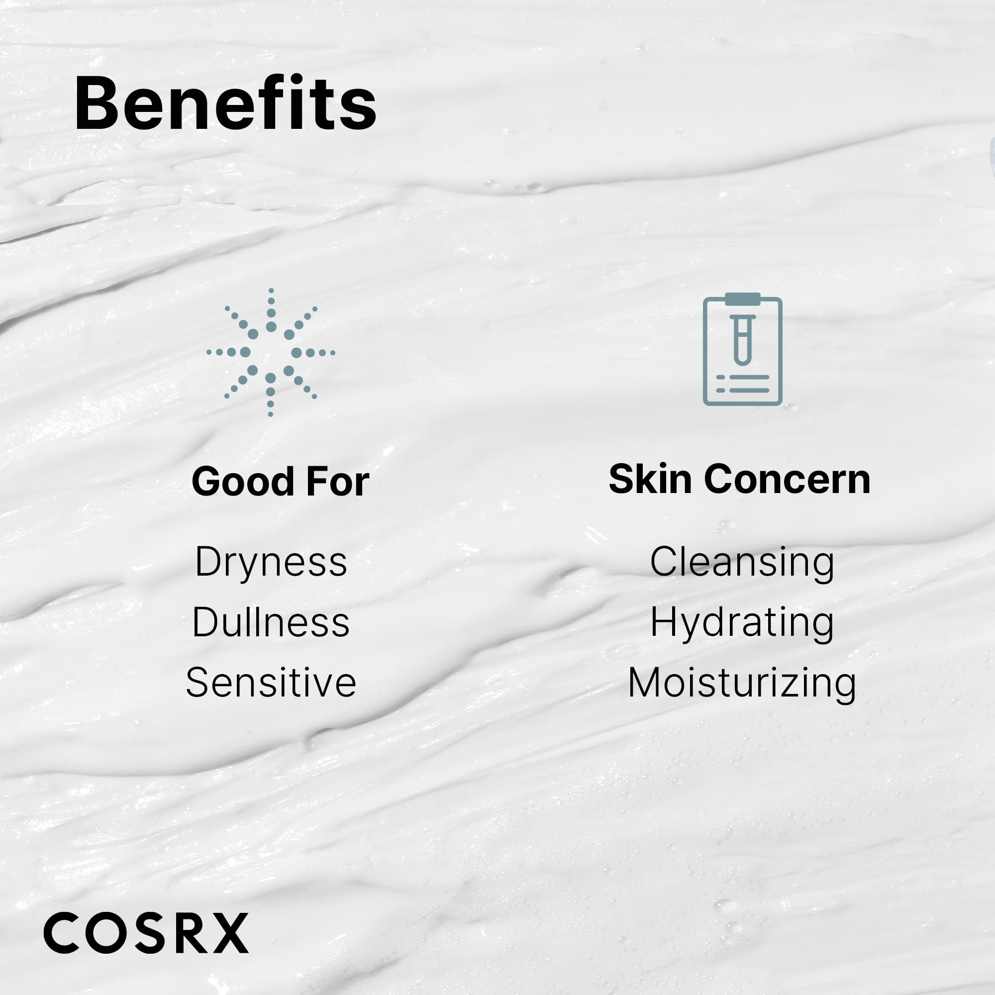 COSRX Hydrium cleanser ingredient panel highlights hyaluronic acids and Panthenol.