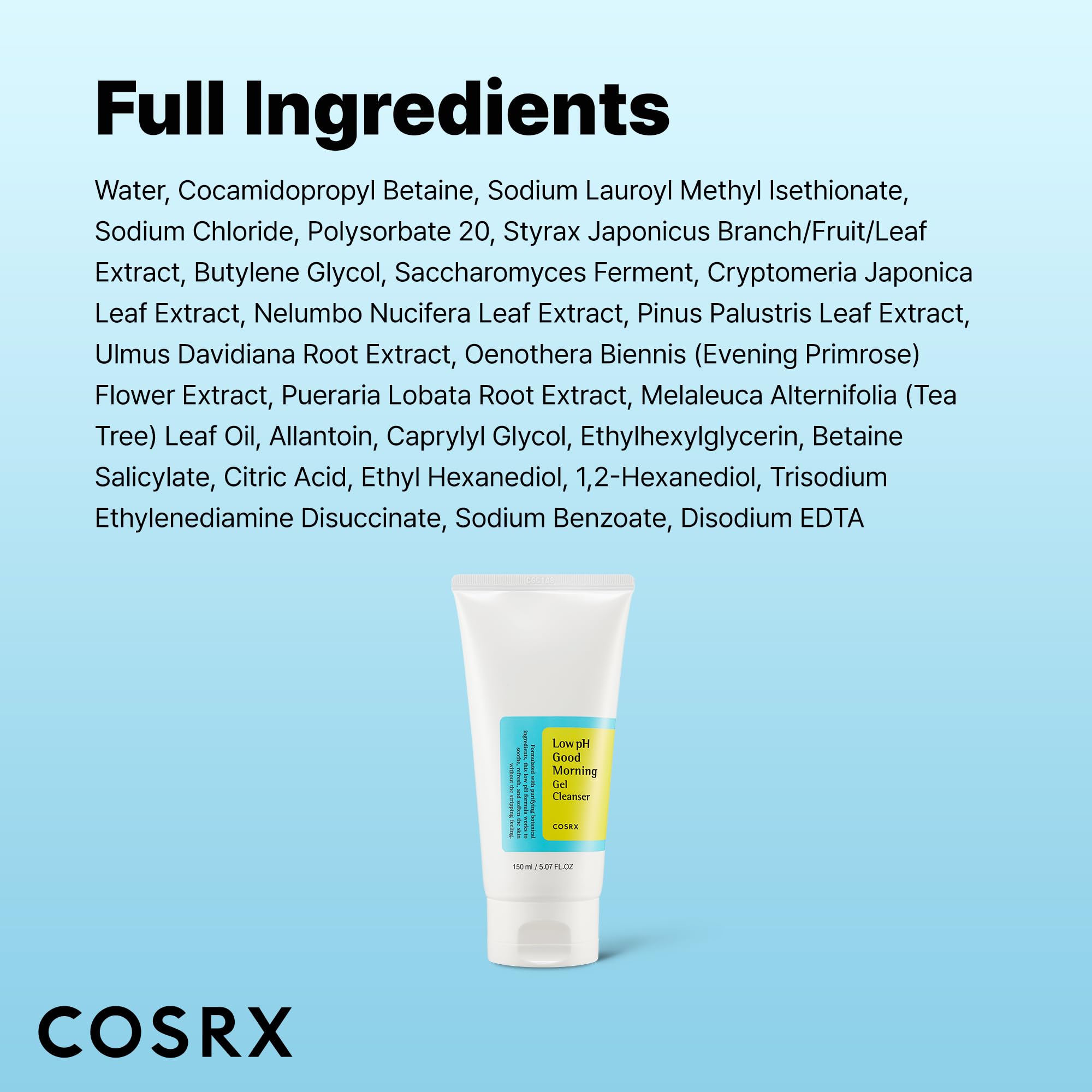 COSRX Low pH Good Morning bottle with lather suggests refreshing, luminous morning skincare ritual.