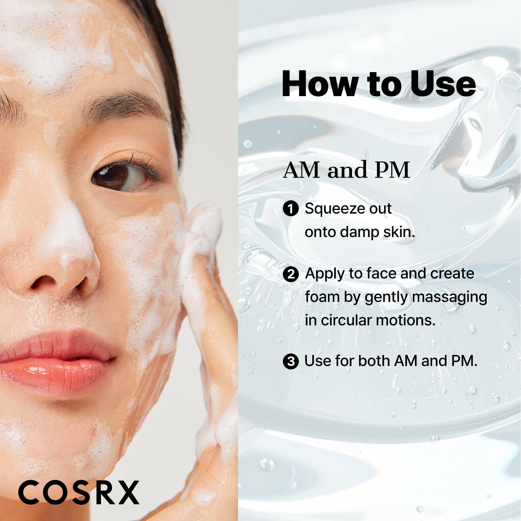 COSRX Low pH Good Morning product close-up shows pH-balanced formula for gentle cleansing.