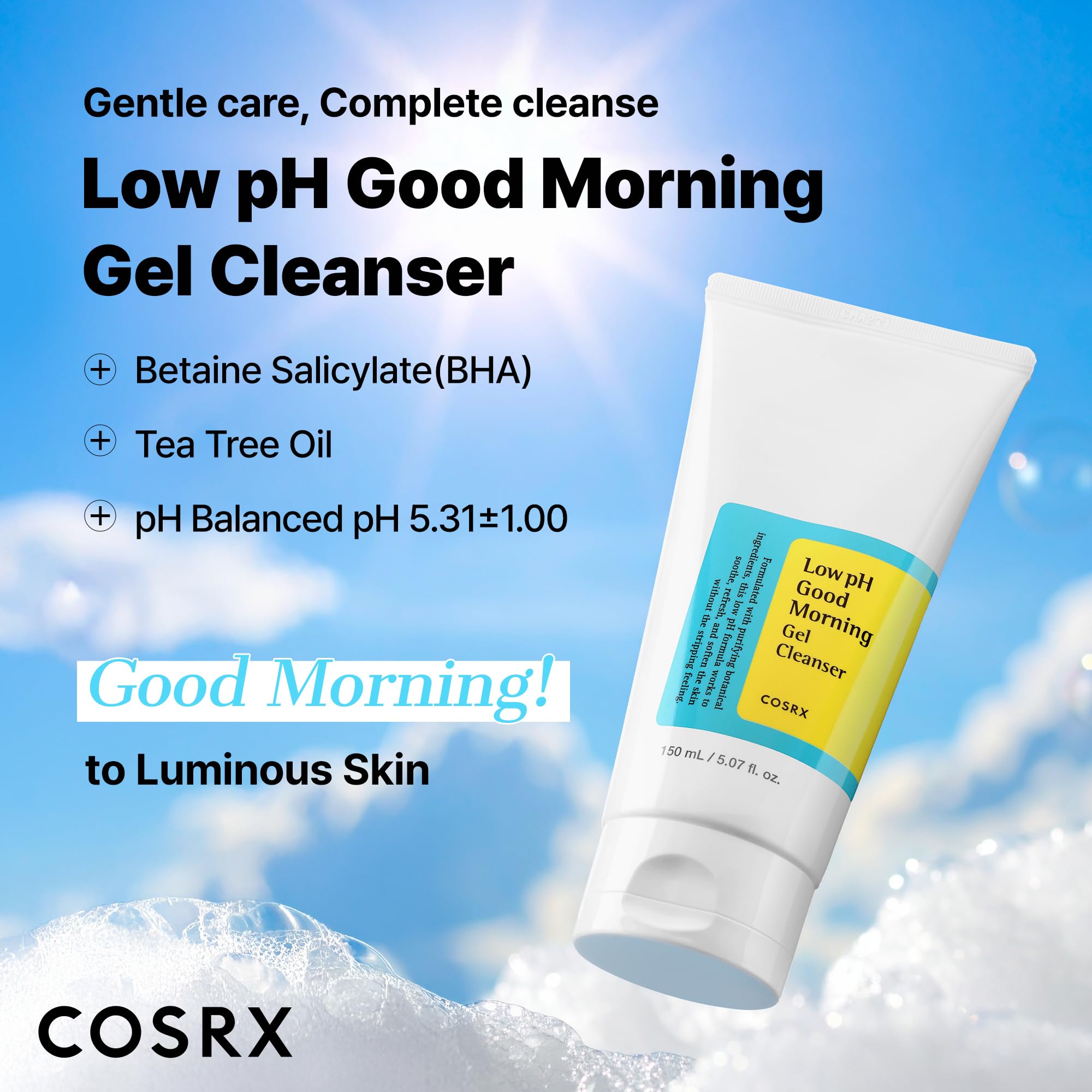 COSRX Low pH Good Morning gel texture close-up highlights a mild, non-stripping formula.