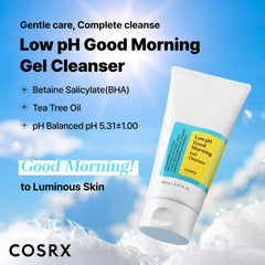 COSRX Low pH Good Morning gel texture close-up highlights a mild, non-stripping formula.