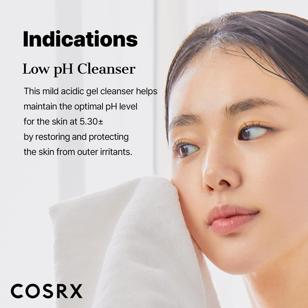 COSRX Low pH Good Morning gel cleanser texture seen on skin-friendly surface.