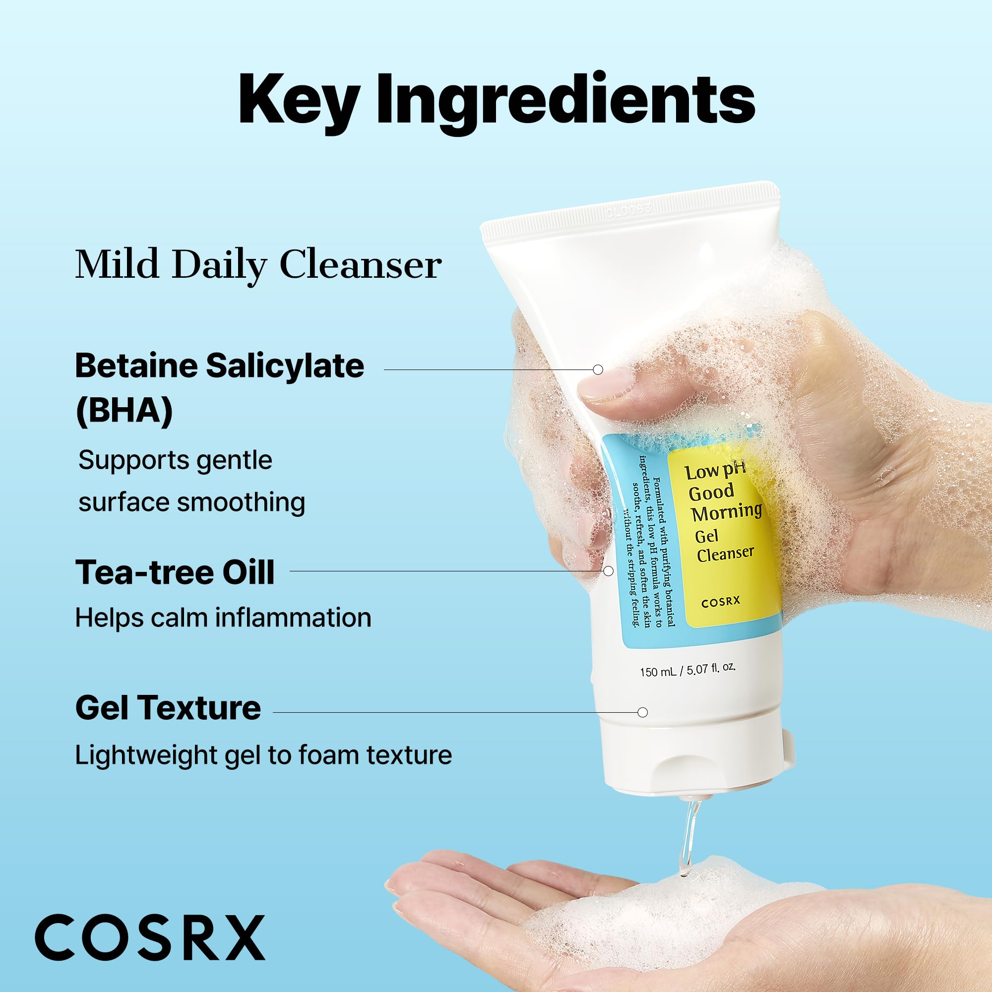 COSRX Low pH Good Morning tea-tree oil ingredient spotlight suggests soothing, balanced cleansing.