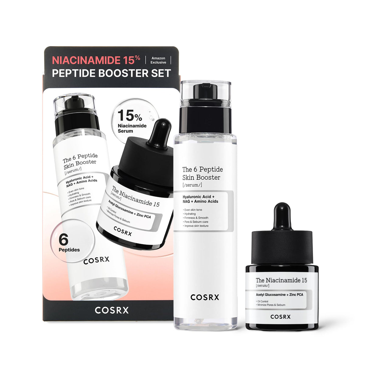COSRX niacinamide 15% peptide booster serum set bottle improves texture and radiance.