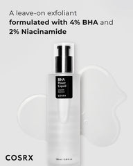 COSRX Niacinamide 2% + BHA 4% toner on cotton pad for gentle pore cleansing.