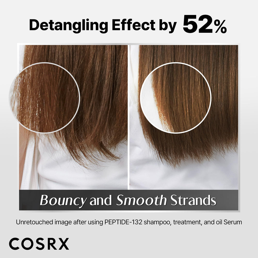 COSRX Peptide-132 Hair Oil Serum droplet on hair strand.