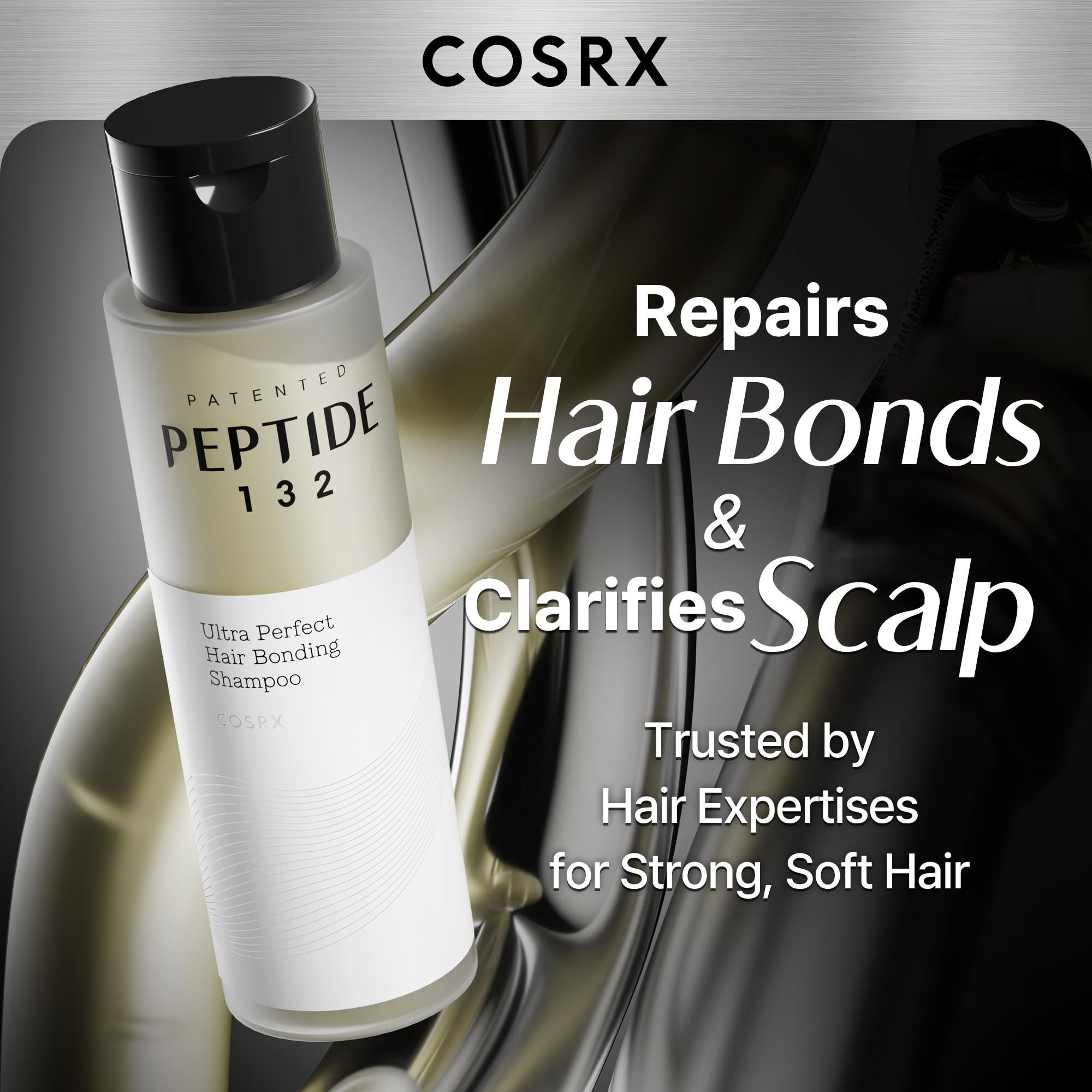 COSRX PEPTIDE-132 Shampoo label detail highlighting bond repair focus.