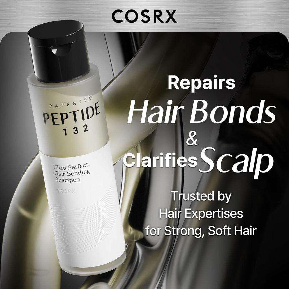 COSRX PEPTIDE-132 Shampoo label detail highlighting bond repair focus.