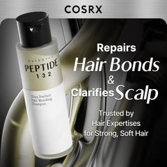 COSRX PEPTIDE-132 Shampoo label detail highlighting bond repair focus.