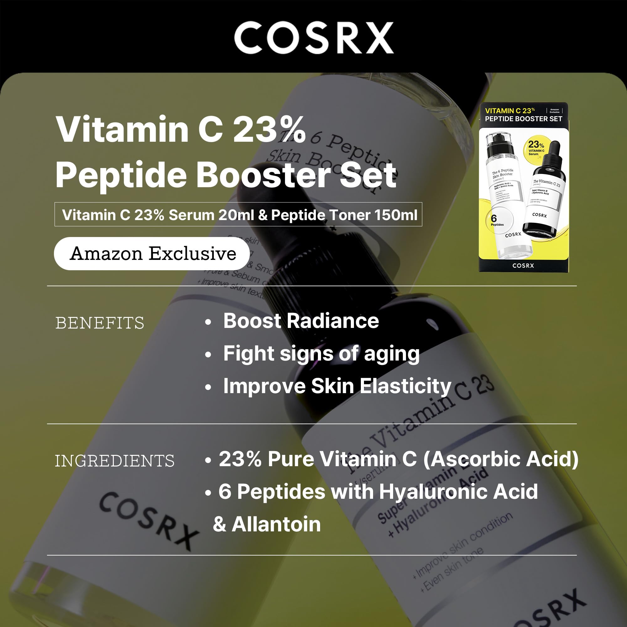 COSRX Peptide Booster Toner bottle highlighting six peptides for texture improvement