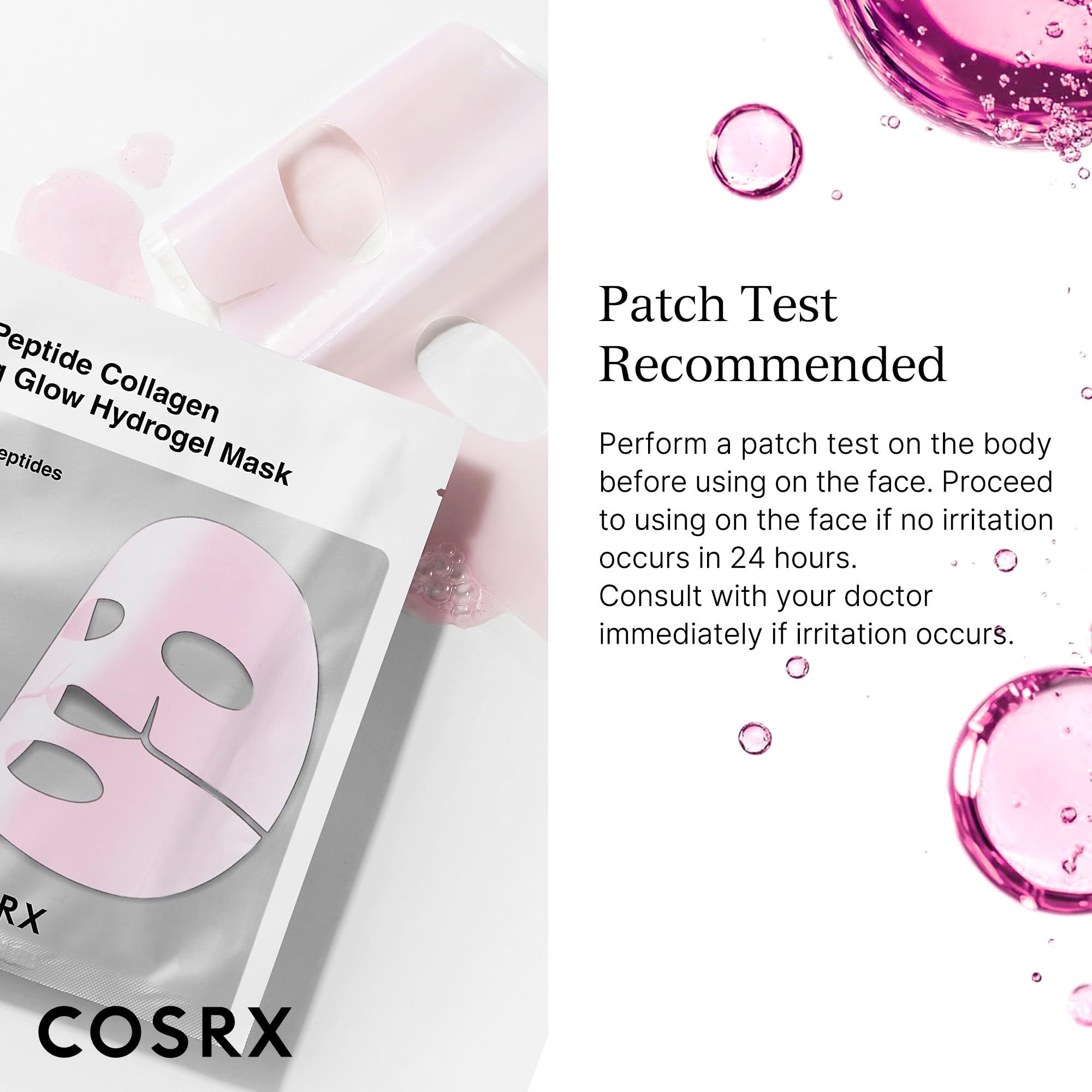 COSRX peptide collagen lifting glow hydrogel mask packaging box highlights travel-friendly design