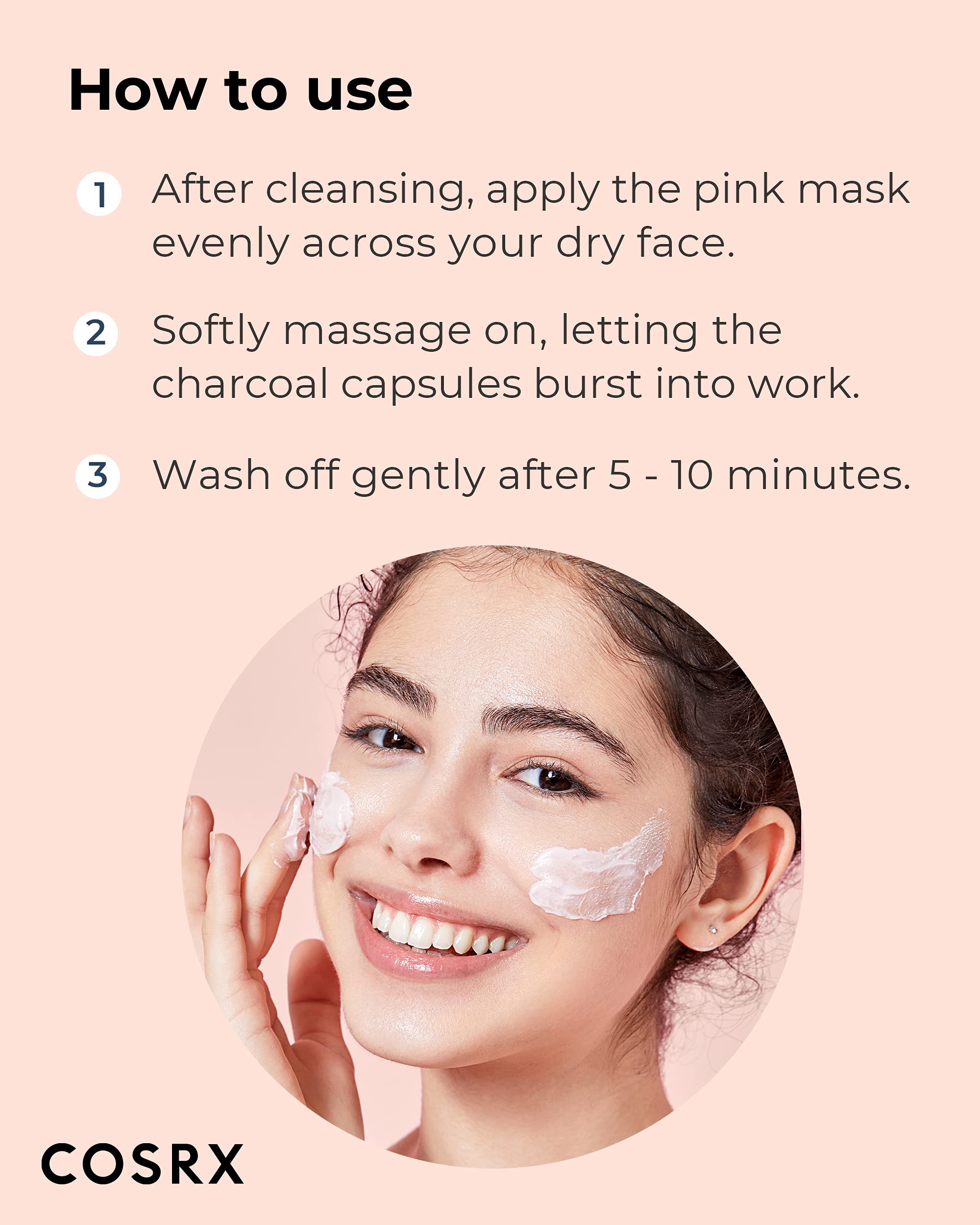 CosRX Pink Charcoal Mask textured clay detail highlighting detox feel.