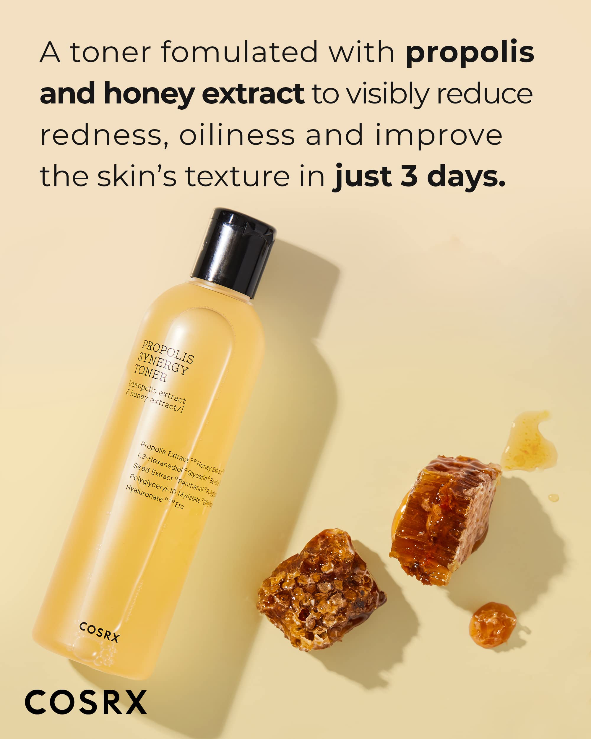 Propolis 72.6% and honey 10% blend label signals nourishing ingredients.