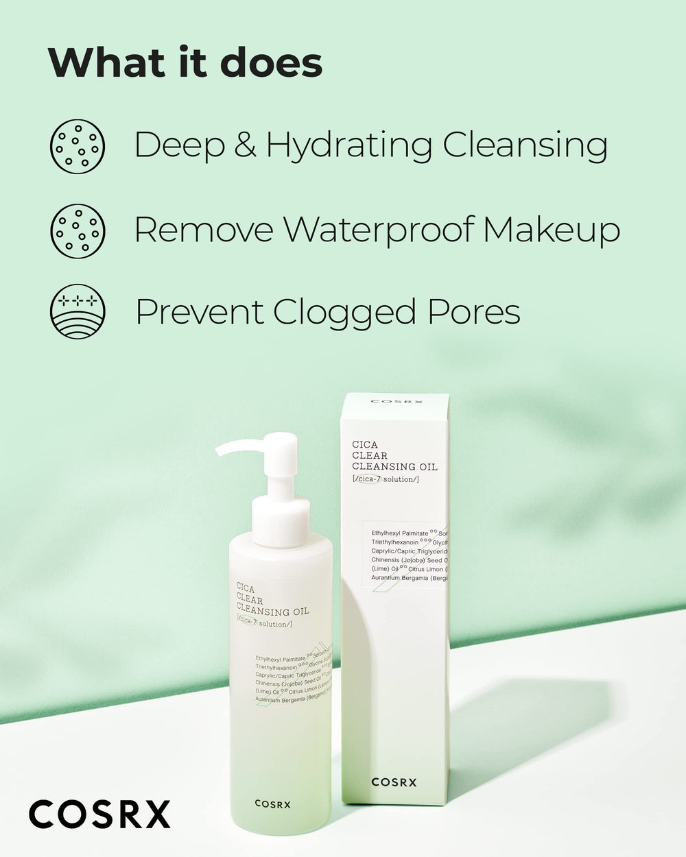 Pump dispensing action highlighting easy cleansing oil application.