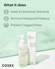 Pump dispensing action highlighting easy cleansing oil application.