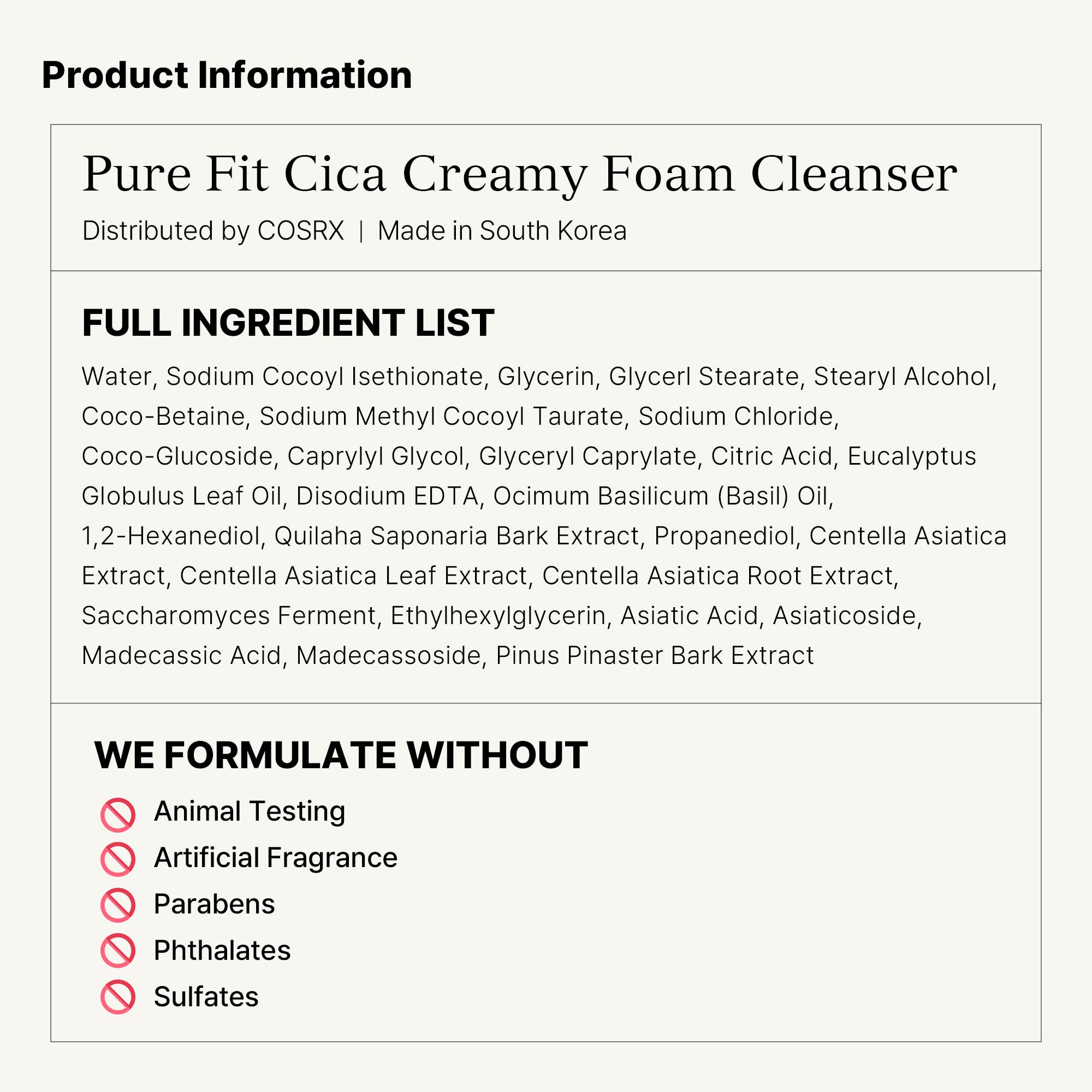 COSRX Pure Fit Cica Creamy Foam Cleanser store display showing Korean skincare option