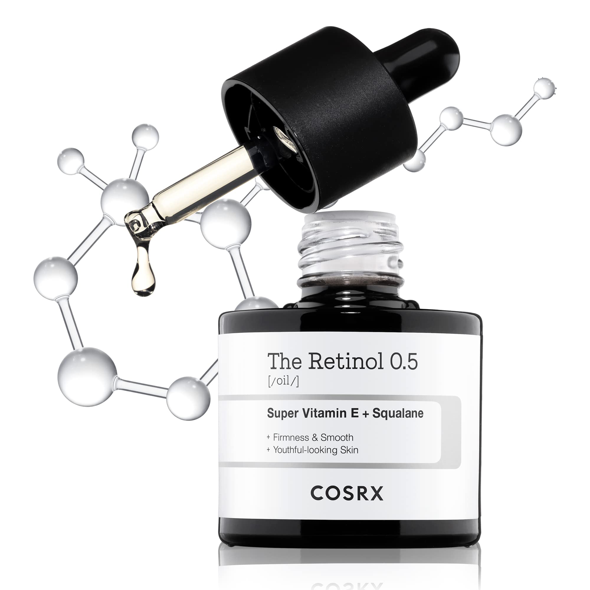 COSRX Retinol 0.5 Oil bottle with premium nighttime packaging for smoother skin