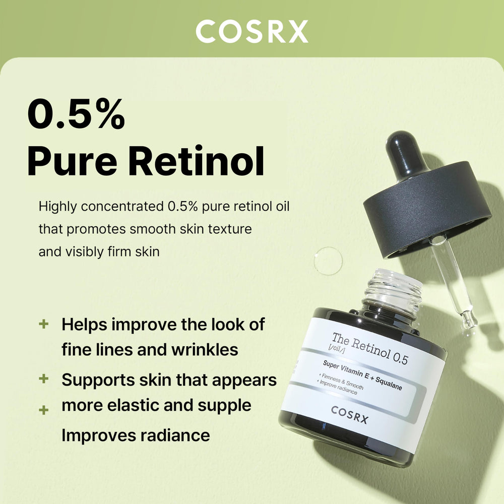 COSRX Retinol 0.5 Oil dropper shown for precise nightly dosing