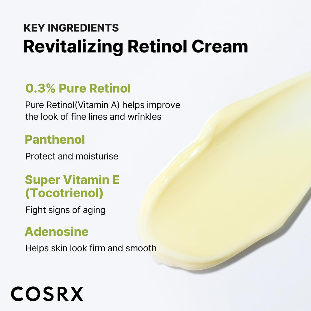 Ingredient panel highlighting panthenol, tocotrienol, and adenosine in COSRX cream.