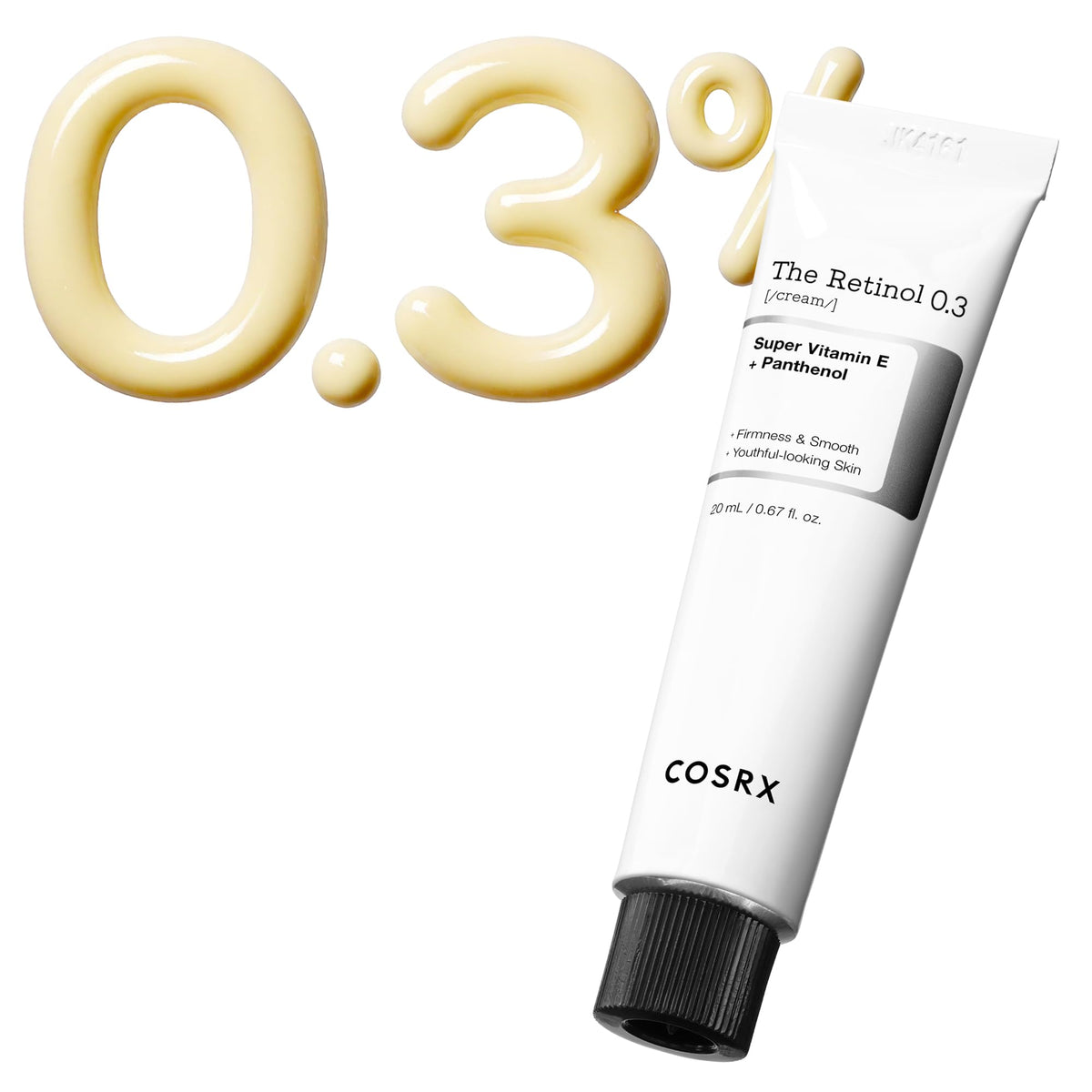 COSRX Retinol 0.3% Cream jar close-up shows smooth texture for firmer skin.