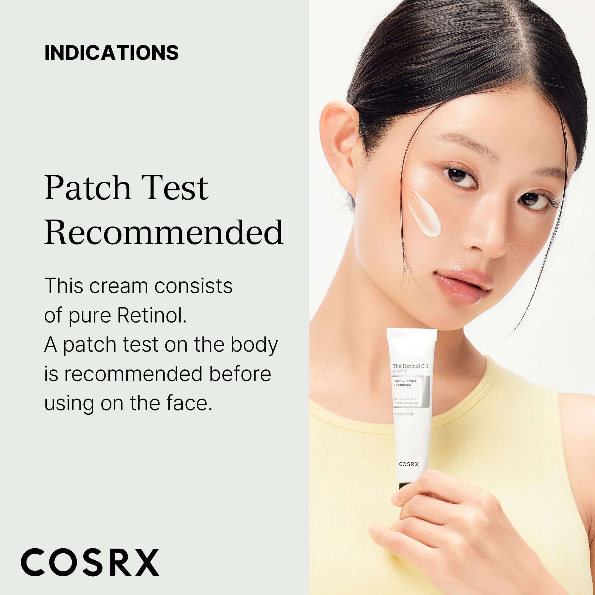 SPF 30+ reminder paired with COSRX Retinol 0.3% Cream for daytime use.
