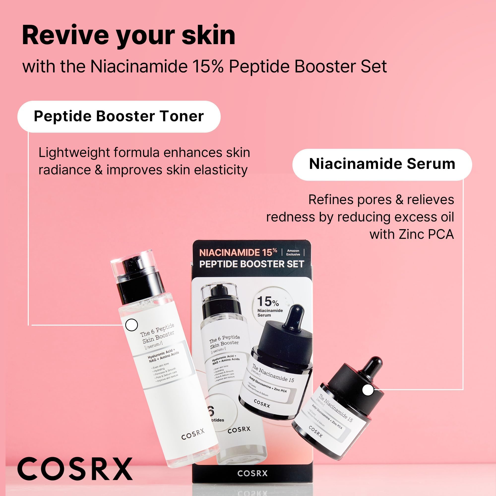 COSRX skin booster toner with 6 peptides bottle suggests elasticity support.