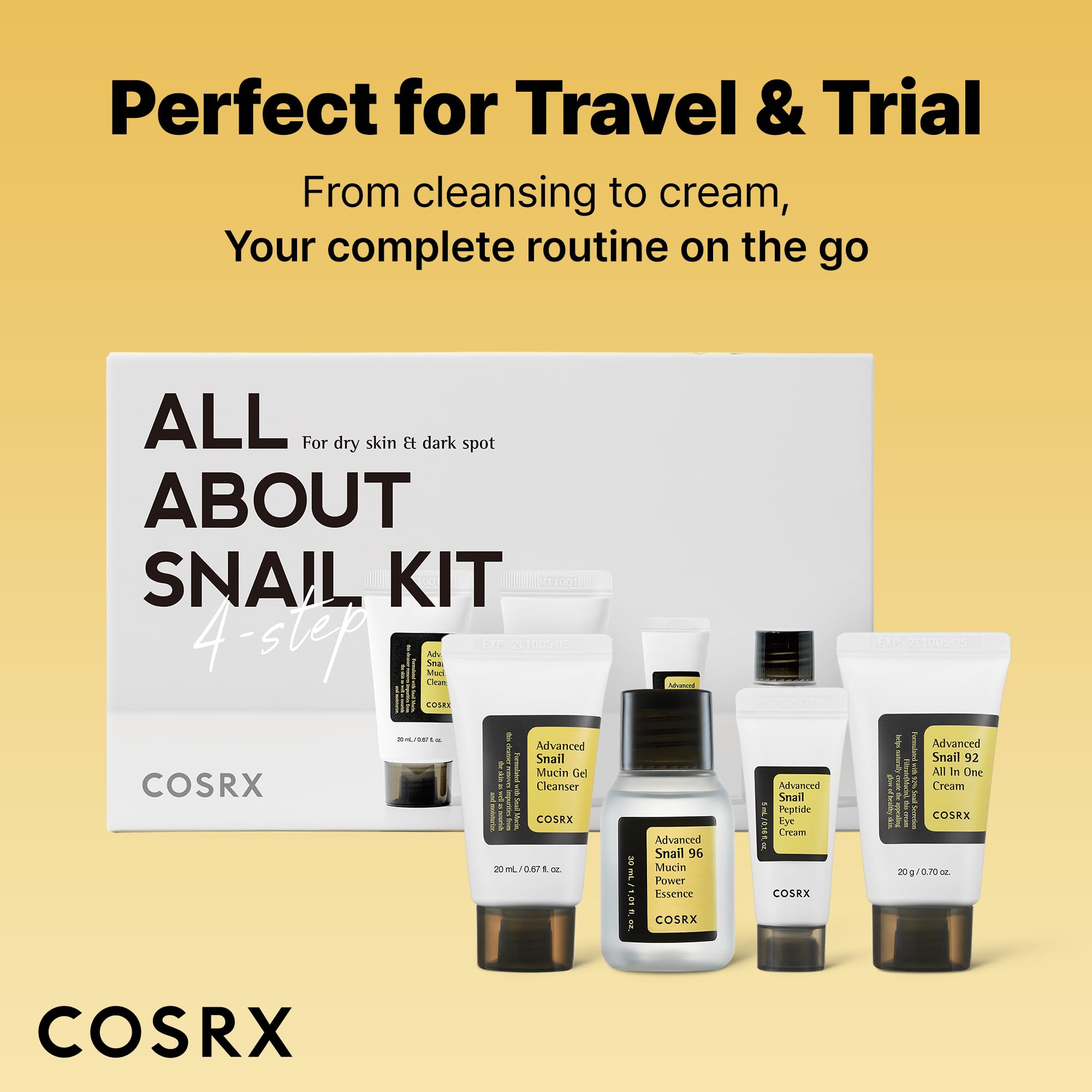 Hands applying COSRX snail mucin routine in a compact travel kit