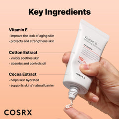 Travel-sized COSRX Vitamin E Sunscreen bottle for on-the-go protection