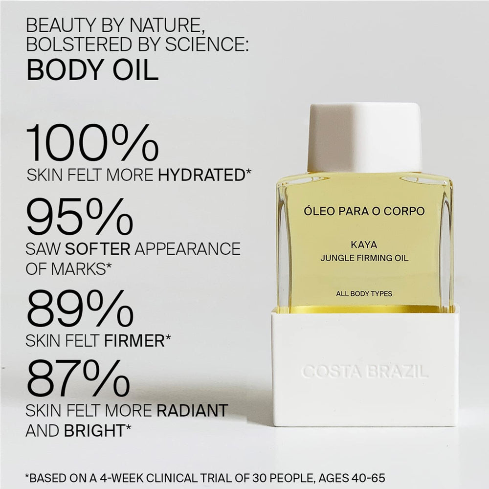 Costa Brazil Kaya Jungle Firming Body Oil Jungle Complex ingredients highlighted for radiant skin.