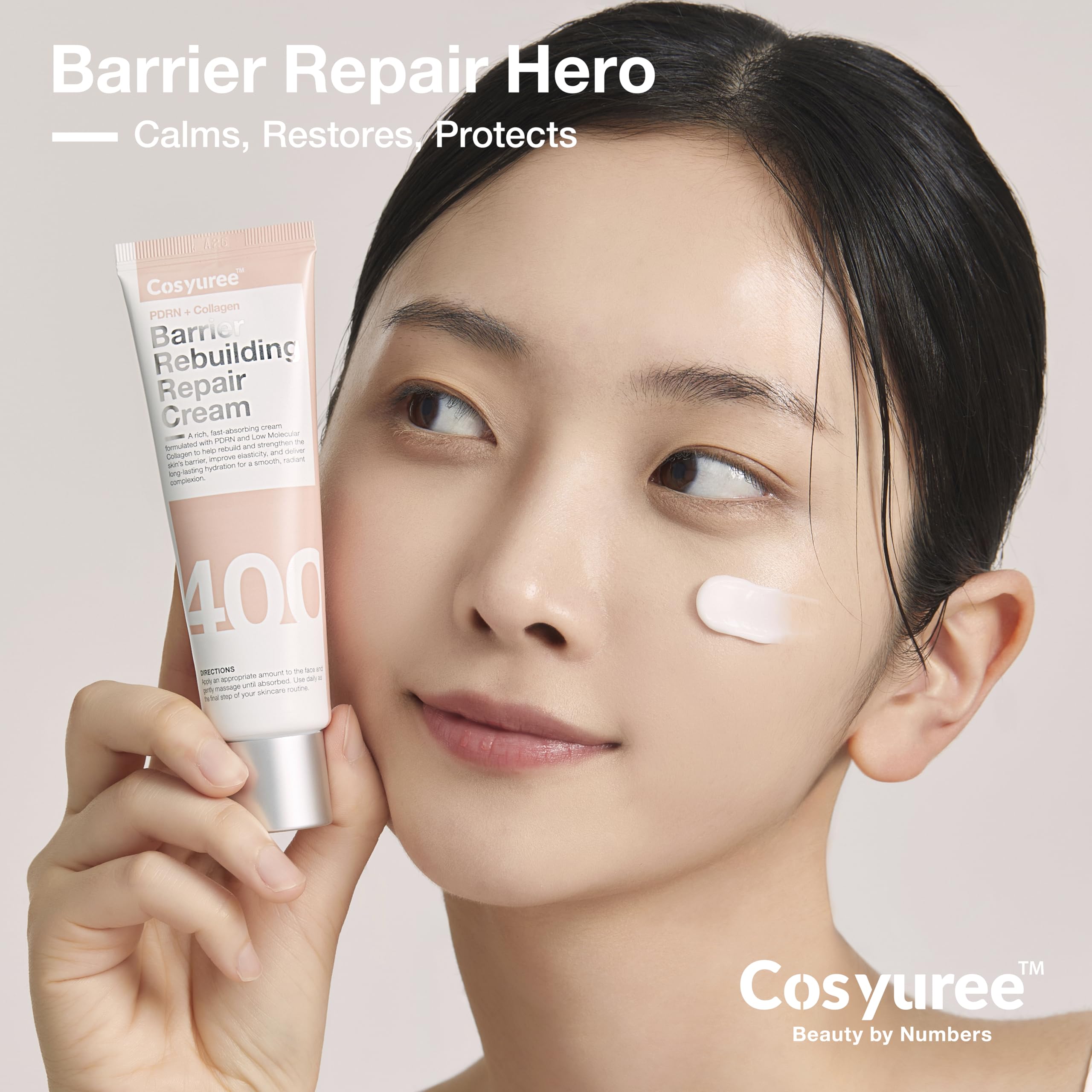 COSYUREE Collagen + PDRN Repair Cream texture swatch shows rich moisture for plump skin.