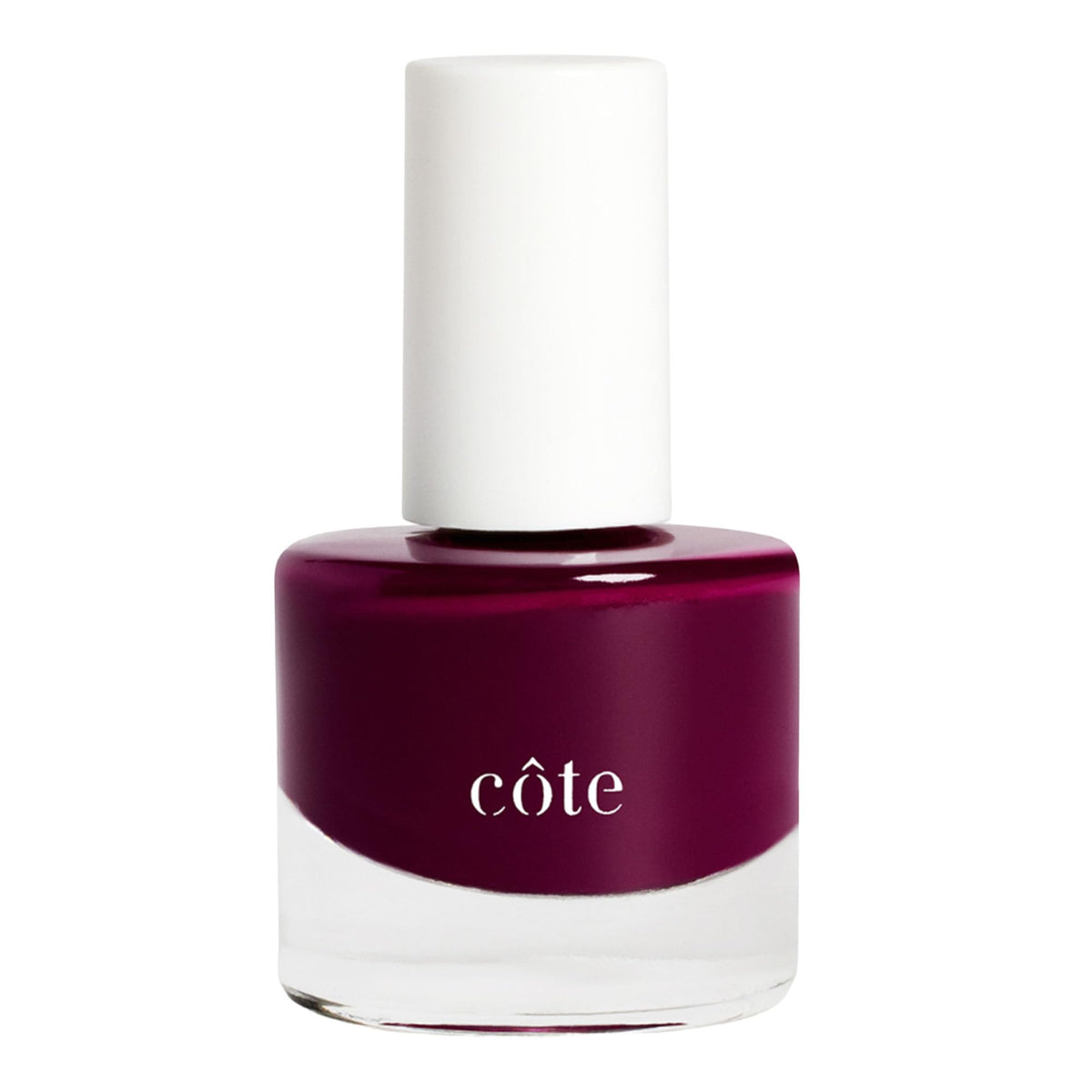Cote Sangria bottle closeup shows jewel-tone plum for an elegant manicure.