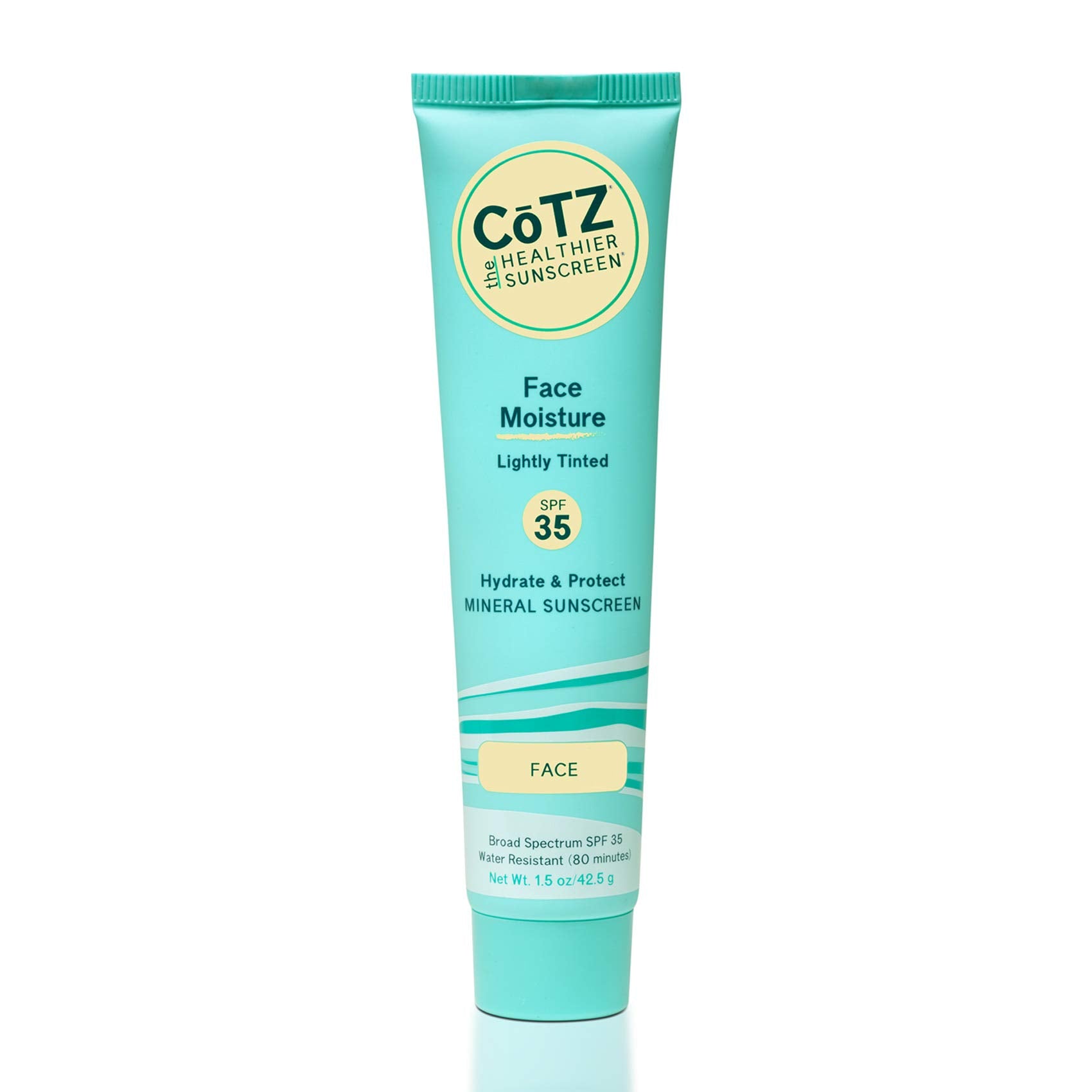 CoTZ Face Moisture bottle closeup shows lightweight tinted sunscreen and primer formula