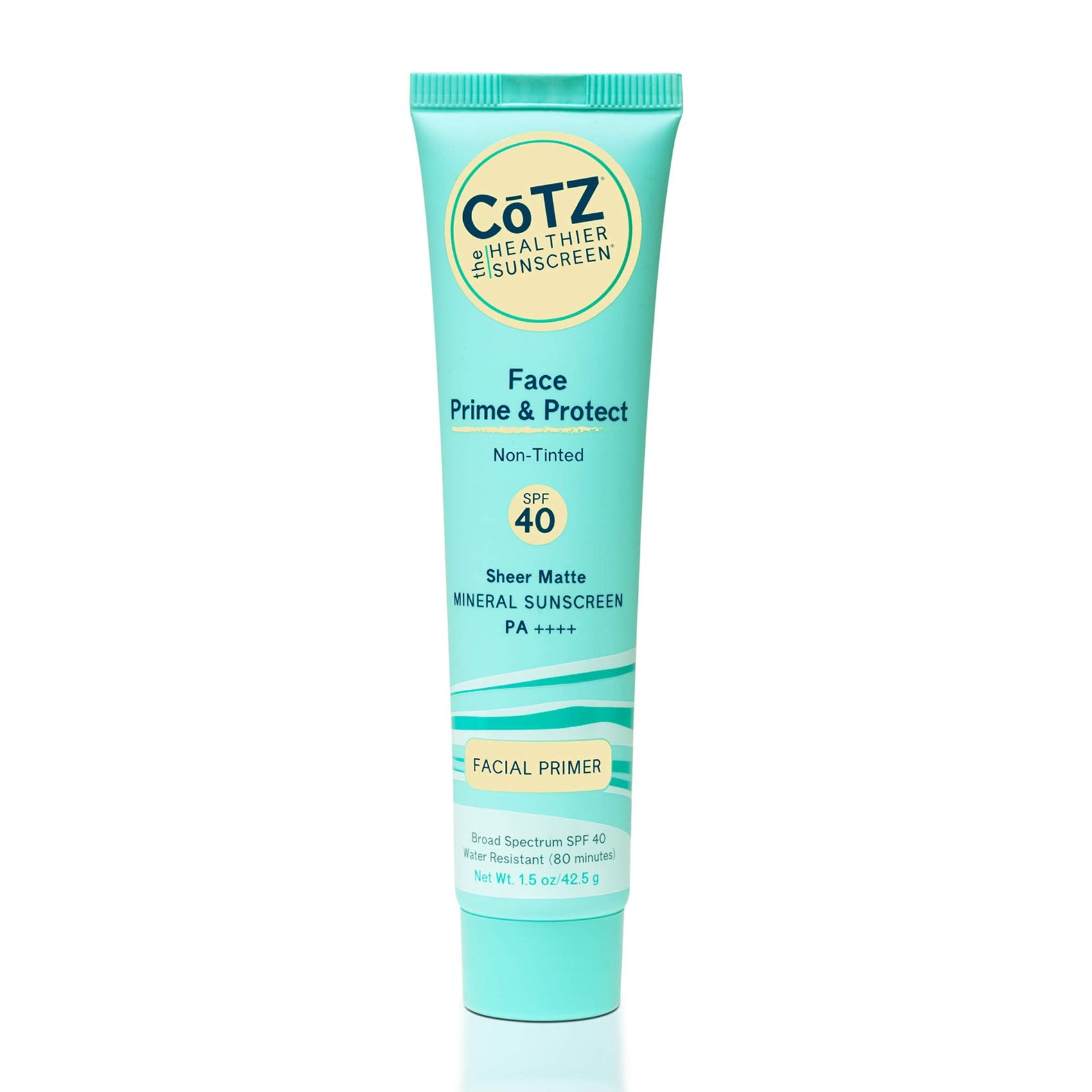 CoTZ Face Prime & Protect bottle showing mineral sunscreen with SPF 40 for a sheer, matte finish