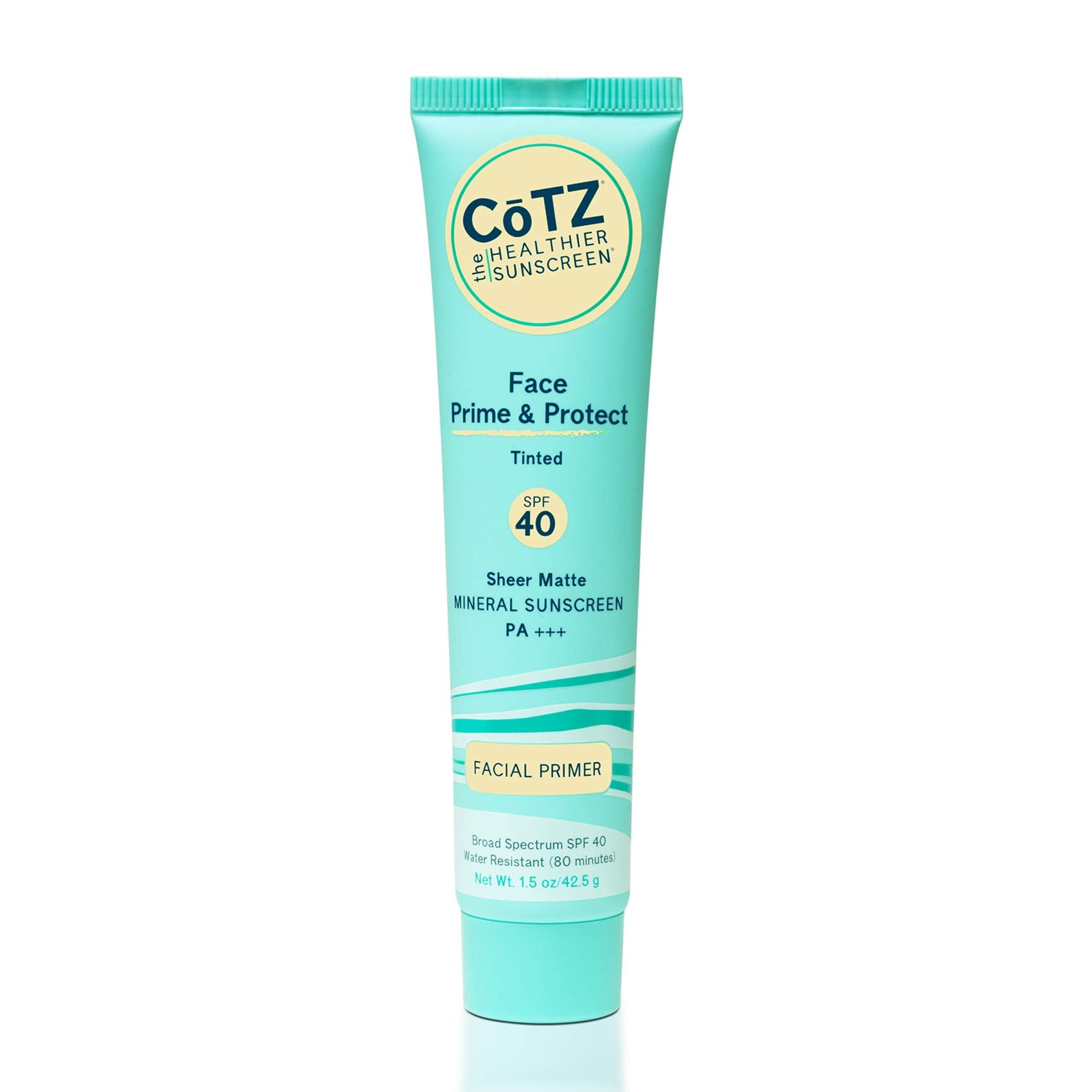 CoTZ Face Prime & Protect tinted sunscreen bottle showing compact, matte finish